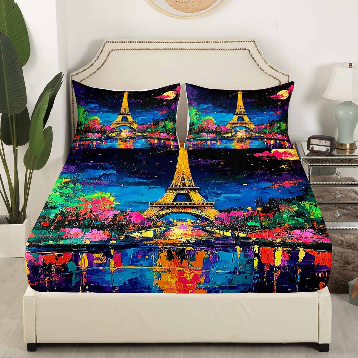 Feelyou Kids Eiffel Tower Bed Sheet Set Full Size, Valentine's Day Bedding Set Paris Fitted Sheet Boys Girls Romantic Teens Bed Cover Bedroom Decor (2 Pillow Cases and a Fitted Sheet)