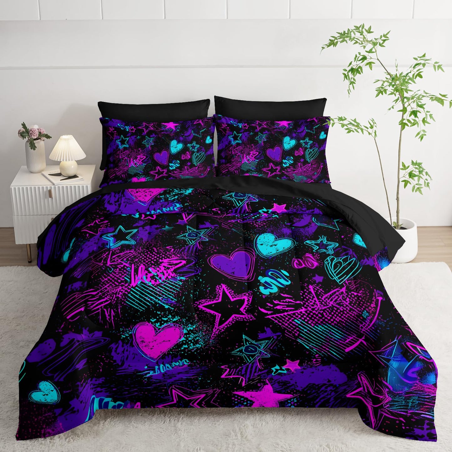 Nttopship Purple Stars Comforter Set Full Size 7PCS,Galaxy Starry Printed Bedding Set,Purple Stars Room Decor Ultra-Soft Lightweight All Seasons with Pillowcases,Flat, Fitted Sheet