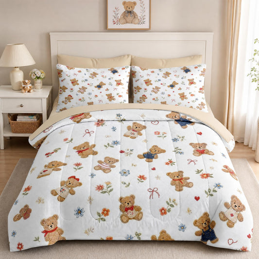Boewywh Comforter Set Twin Size Bear Floral Vintage 5 Pcs, Bedding for Kids and Adults, Bed Sheet Sets with Fitted Sheet Pillowcase & Sham for Bedroom Bed Decor