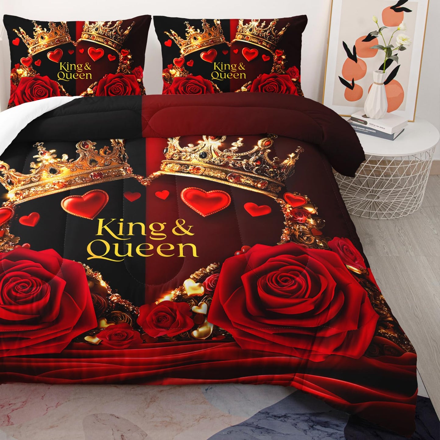 AILONEN Red and Black Rose Comforter Set Queen Size,Glod Crown Couple Bedding Set for Room,Romantic Flower Theme with 2 Pillowcases,3Pcs
