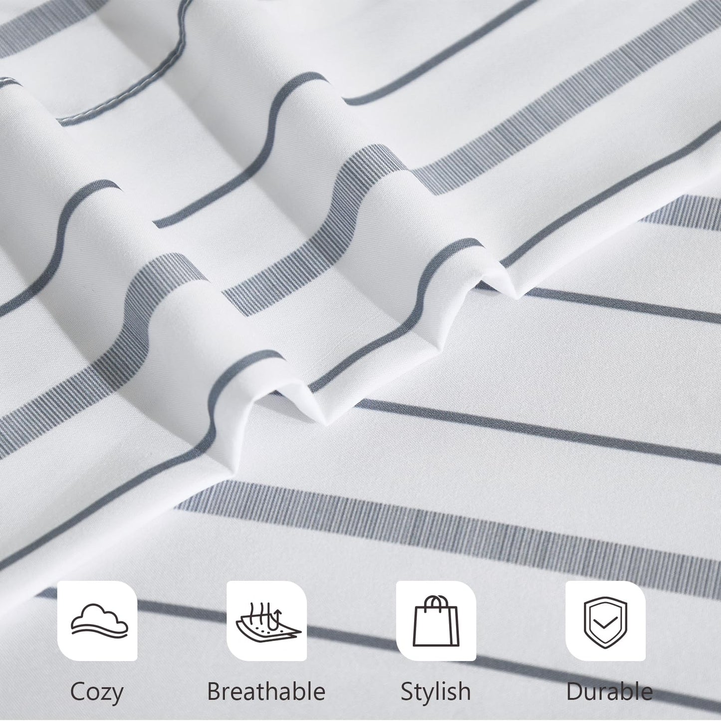 MCO 4Pieces Striped Sheets Set, Breathable King Sheet Set with 16" Deep Pocket,Modern & Luxury, Brushed Microfiber Bedding Set(King, White)