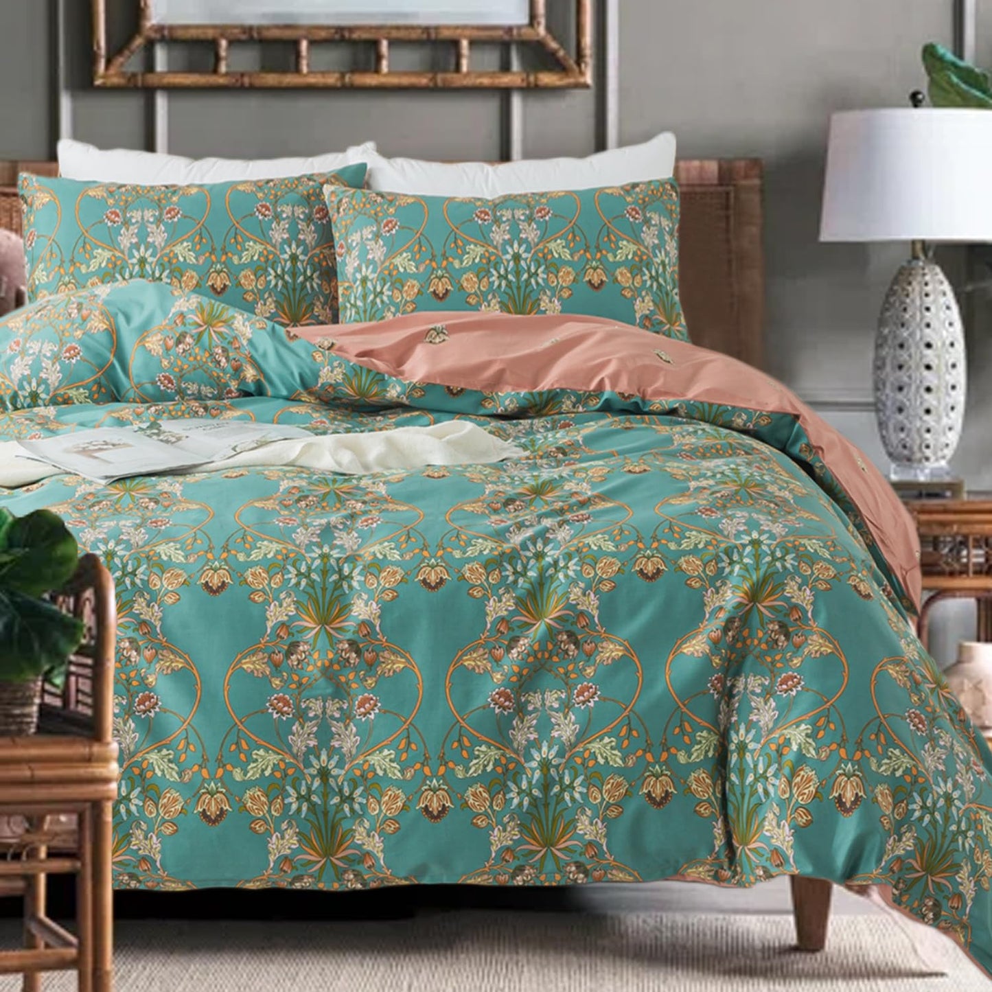Zusbest Boho Duvet Cover Set Queen Size 100% Cotton Floral Bohemian Comforter Cover Teal Green Printed Reversible Orange Bedding Luxury Crisp Soft French Country Bedding 3Pcs, Queen
