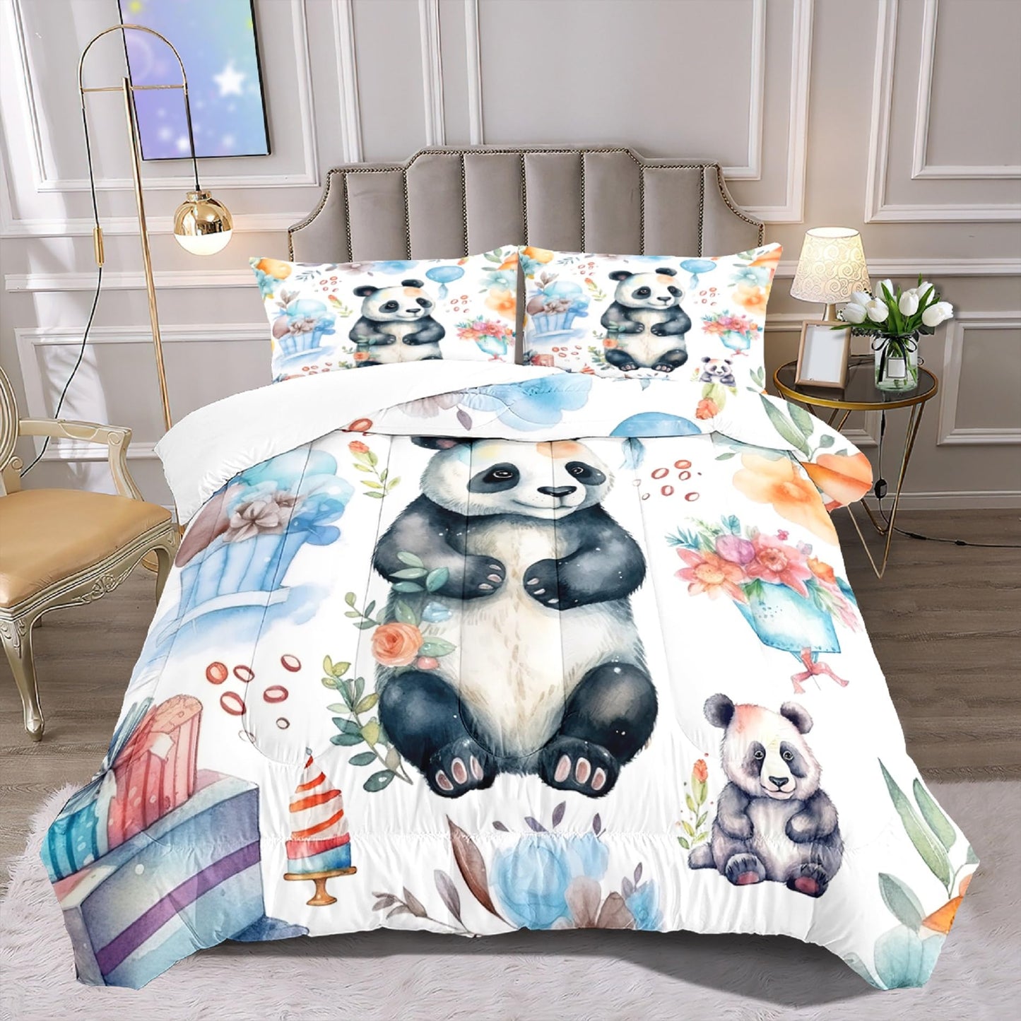Jiospet Panda Comforter Set Full Size - Panda Bedding for Boys Girls Cute Panda Set Cartoon Pandas Print Comfort Full Bedding Set for Kids Teens, 1 Comforter+2 Pillowcases