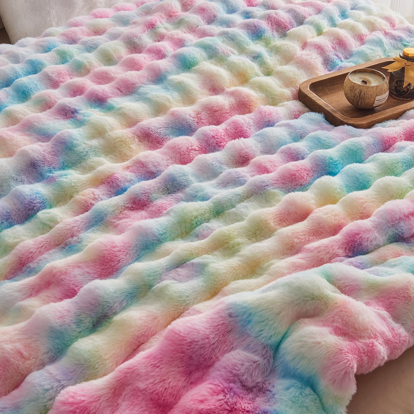 EMME Faux Fur Blanket King Size Rainbow - Big Bubble Rabbit Cozy Blanket for Couch, Thick Furry Plush Shaggy Blankets, 650GSM, 108x90 Inches