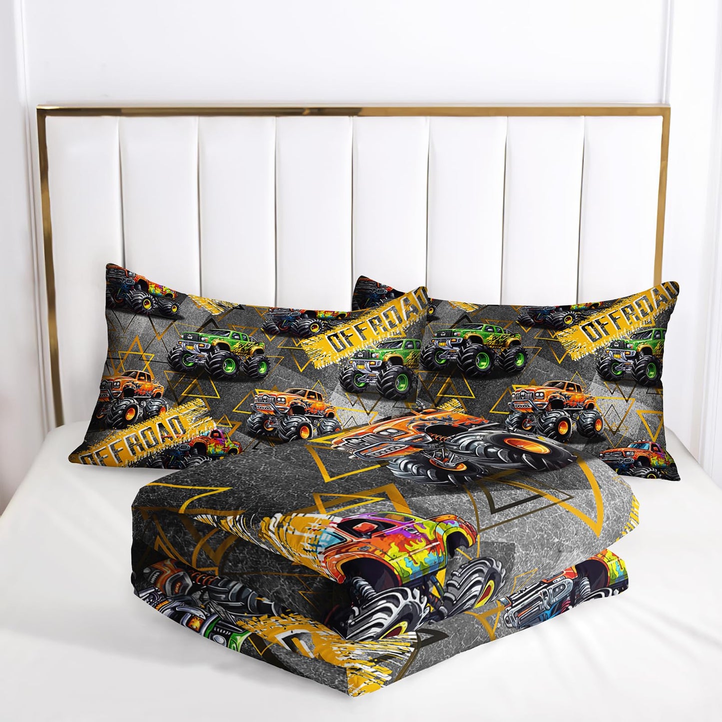 lneffble Full Size Monster Truck Comforter Sets for Boys，Monster Truck Full Size Bedding Sets Boys，with 1 Comforter with 2 Pillow Case，Kids Monster Truck Themed Bedroom Decor