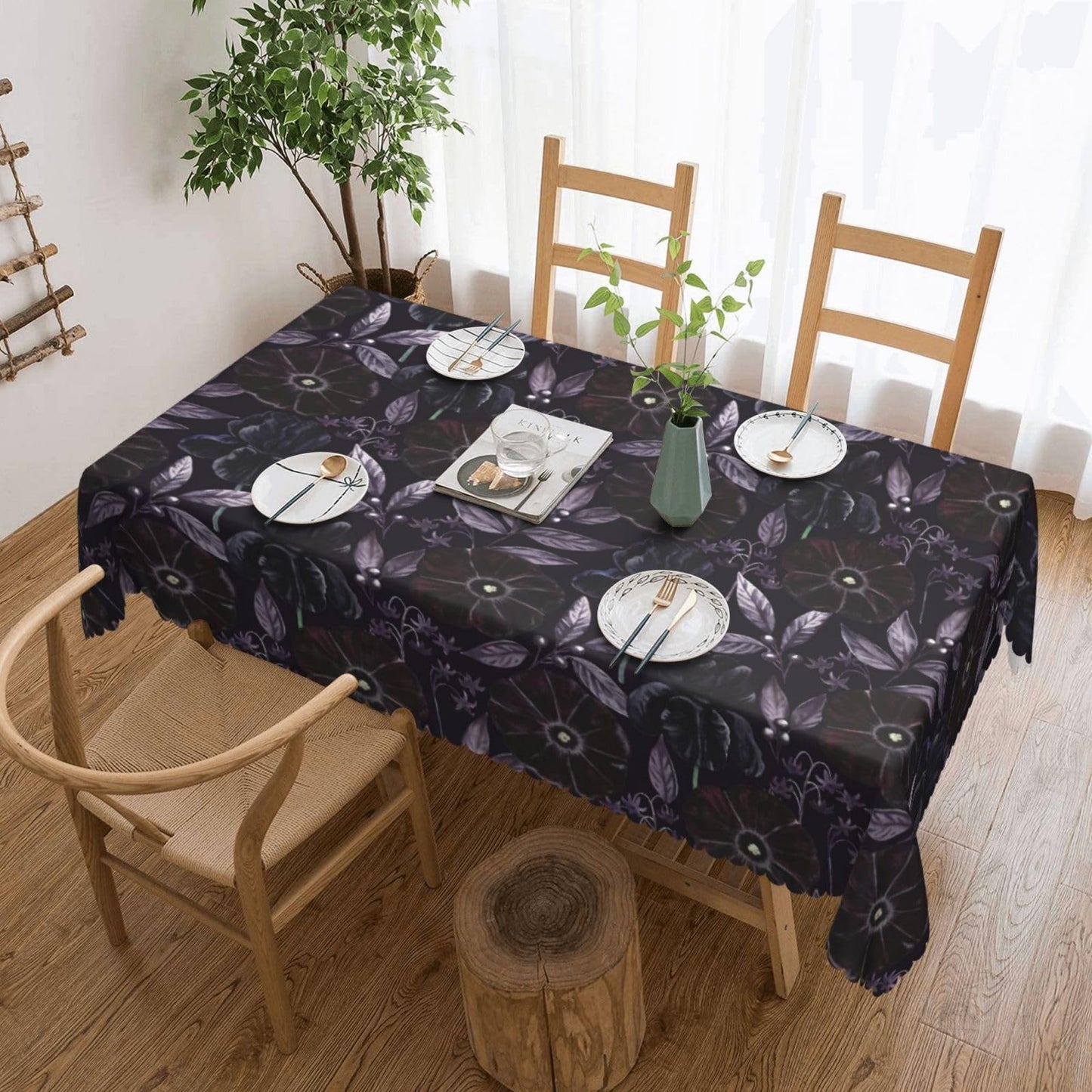 GOUROISE Floral Black Rectangular Tablecloth, Purple Flowers 54x72 Inch Wavy Lace Border Polyester Table Cloth for Dining, Kitchen, Parties