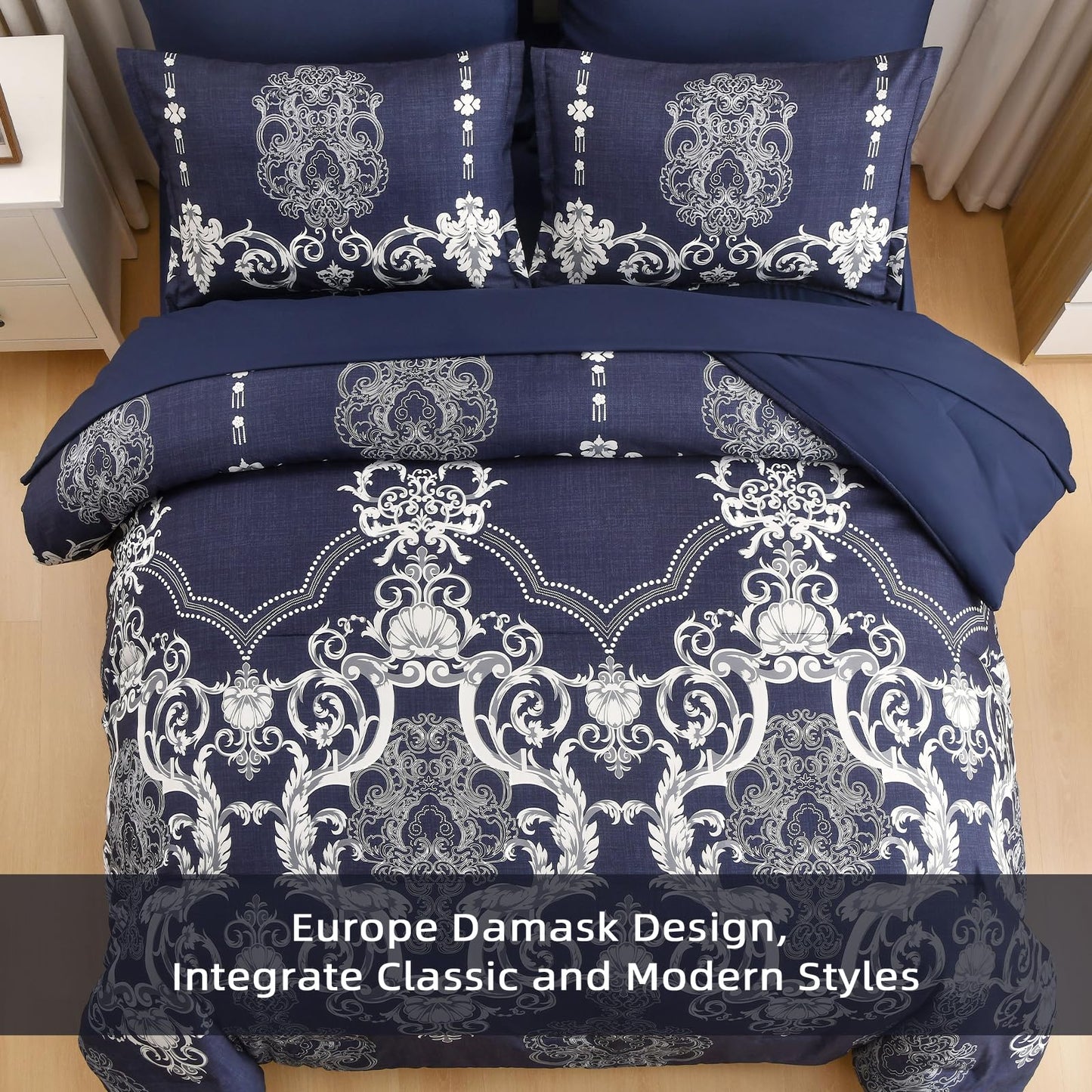 Mybedsoul Navy Blue Queen Comforter Set, 7 Pieces Boho Bed in a Bag for Queen Bed, Damask Comforter with Sheets Pillowcases, Soft Microfiber Lightweight Bedding Sets for All Season(90"x90")