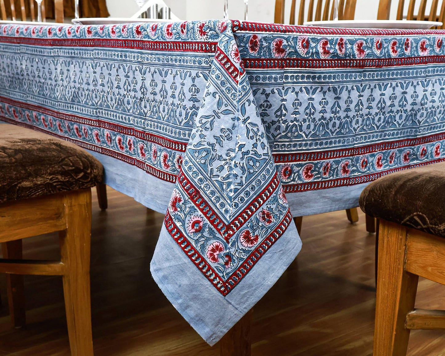 72x108 Inches Rectangle Hand Block Printed Cotton Tablecloth, Red Grey Floral Table Cloths Washable, Indian Table Linen for Outdoor Thanksgiving Gifts Home Decor Dinning Outdoor