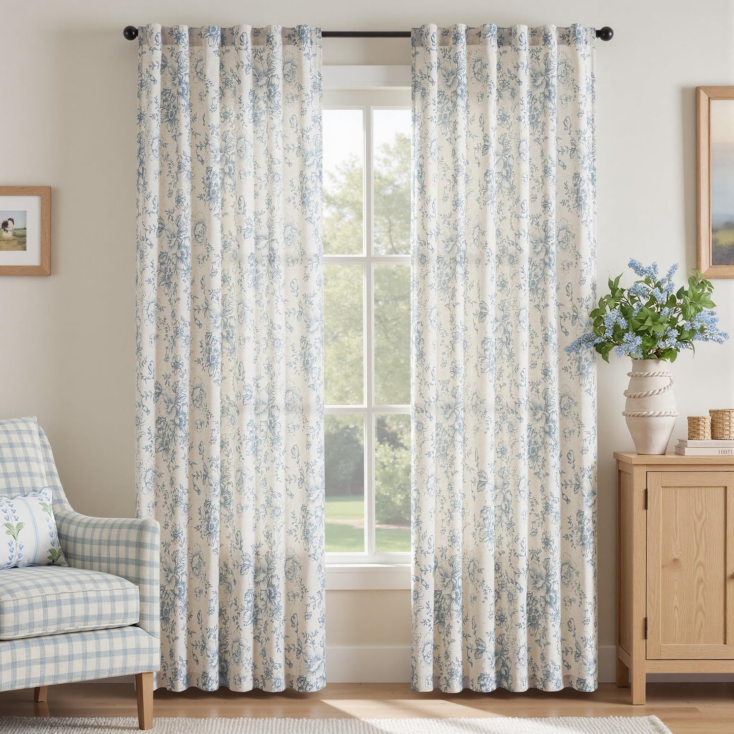 jinchan Linen Blend Curtain Floral Curtains for Living Room 84 Inch Length Blue Printed Curtain Rod Pocket Back Tab Farmhouse Peony Flower Patterned Drapes Bedroom Window Curtains Set 2 Panels
