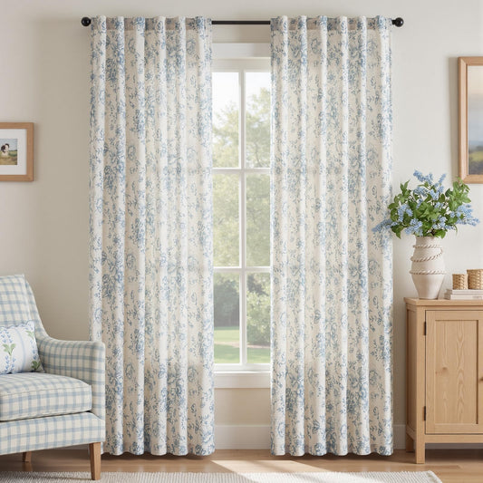 jinchan Linen Blend Curtain Floral Curtains for Living Room 84 Inch Length Blue Printed Curtain Rod Pocket Back Tab Farmhouse Peony Flower Patterned Drapes Bedroom Window Curtains Set 2 Panels