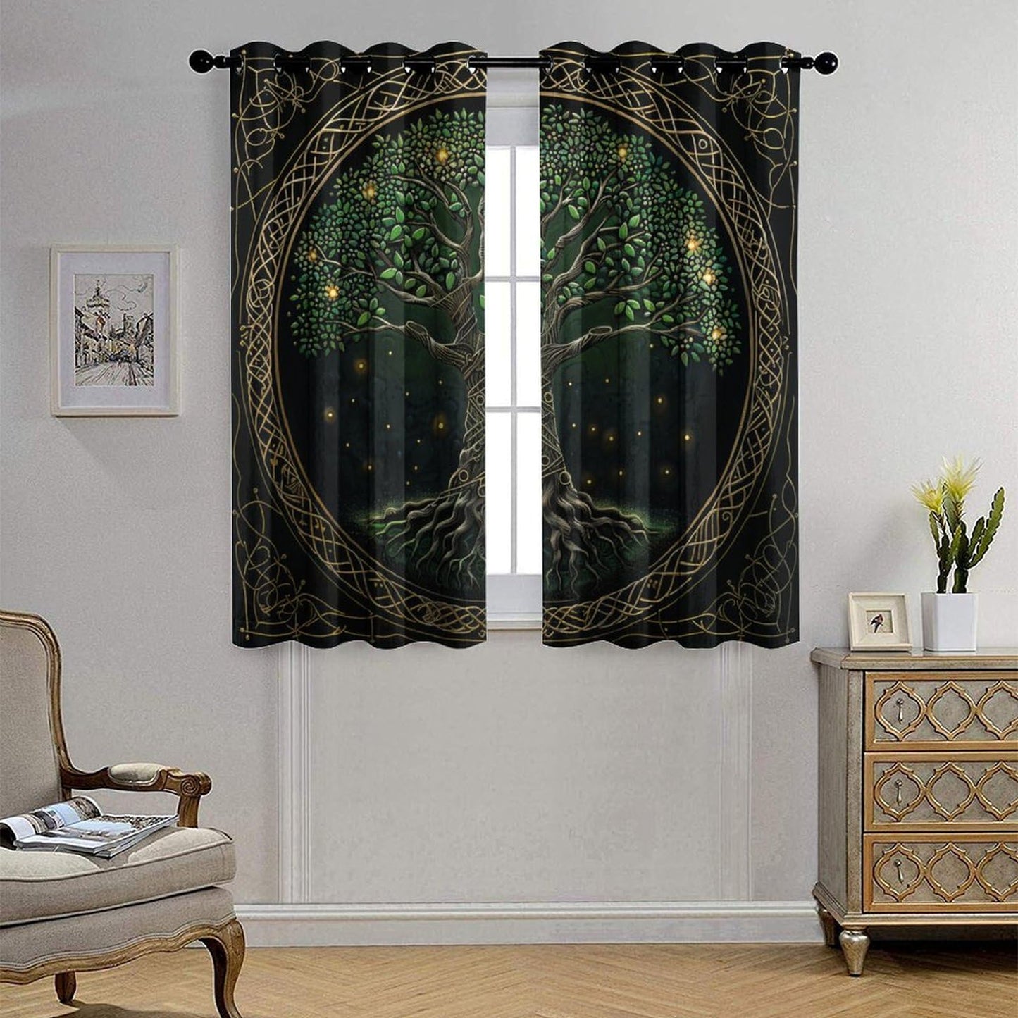 HDESDIS Abstract Tree Plant Curtains for Bedroom, Retro Rustic Floral Star Landscape Grommet Blackout Curtains Thermal Insulated Window Drapes for Living Room, 21W x 45L, 2 Panels