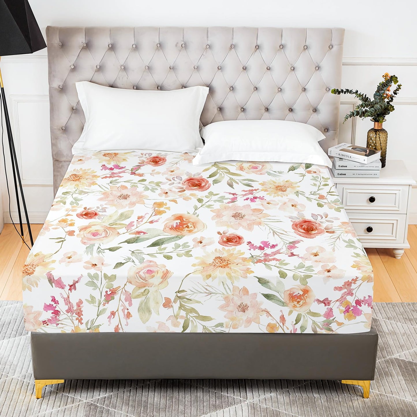 YIYEA Floral Fitted Sheet Only, Premium Double Brushed Microfiber Deep Pocket Fitted Sheet Queen Size, Ultra Soft Fitted Bottom Sheet, Shrinkage, Fade Resistant, Queen