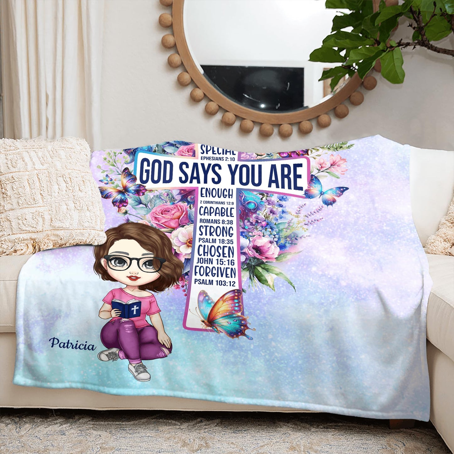 PREAUREUM God Says I Am Blanket, Personalized Christian Throw Blanket,Inspirational Jesus Throw Blankets,Confirmation Catholic Spiritual Blankets for Kids (Butterfly Cross)