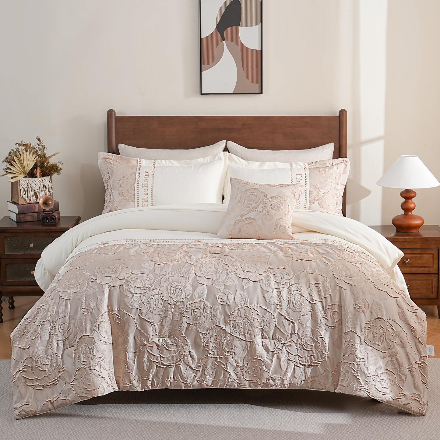 FibreHome Jacquard Bed in a Bag 6-Pieces Jacquard Weave & Embroidery Design Rose Floral Bedding Set Ultra Soft Microfiber Light Weight Comforter All Season Queen Beige Bedding Sets