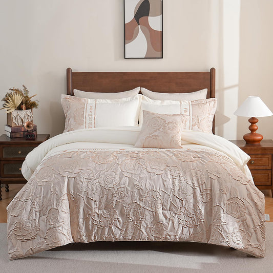 FibreHome Jacquard Bed in a Bag 6-Pieces Jacquard Weave & Embroidery Design Rose Floral Bedding Set Ultra Soft Microfiber Light Weight Comforter All Season Queen Beige Bedding Sets