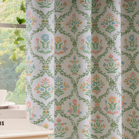 ColorBird Nursery Blackout Curtains Girls Bedroom Decor Floral Green and Pink Block Print Patterned Cottage Core Curtains & Drapes 63 Inch for Living Room Window Treatments