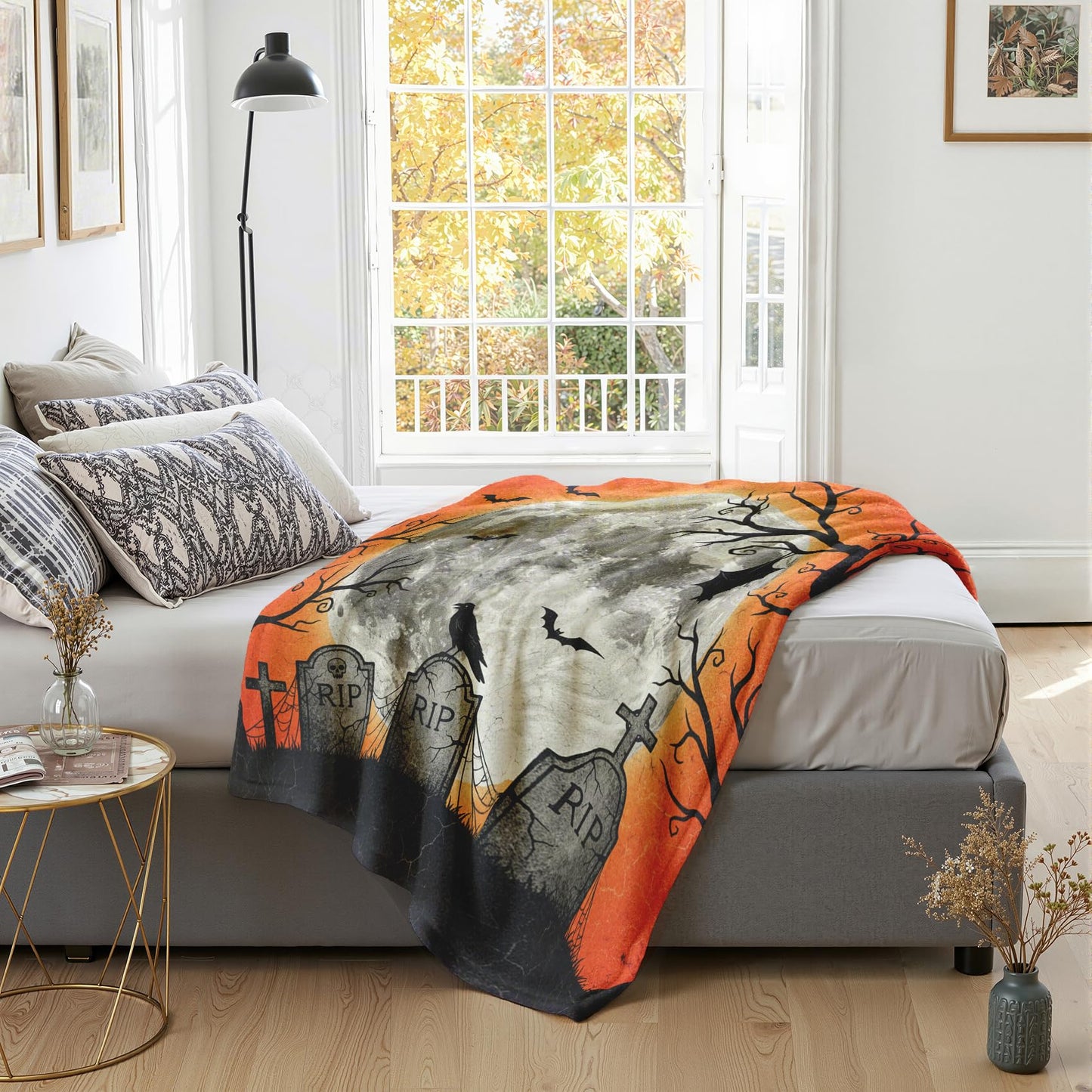 GEDAEUBA Halloween Blankets and Throws - Spooky Crow Bat Moon Tombstone Fleece Blanket Full Size, Soft Cozy Blankets & Throws for Couch, Bed, and Sofa, 84x90 inches