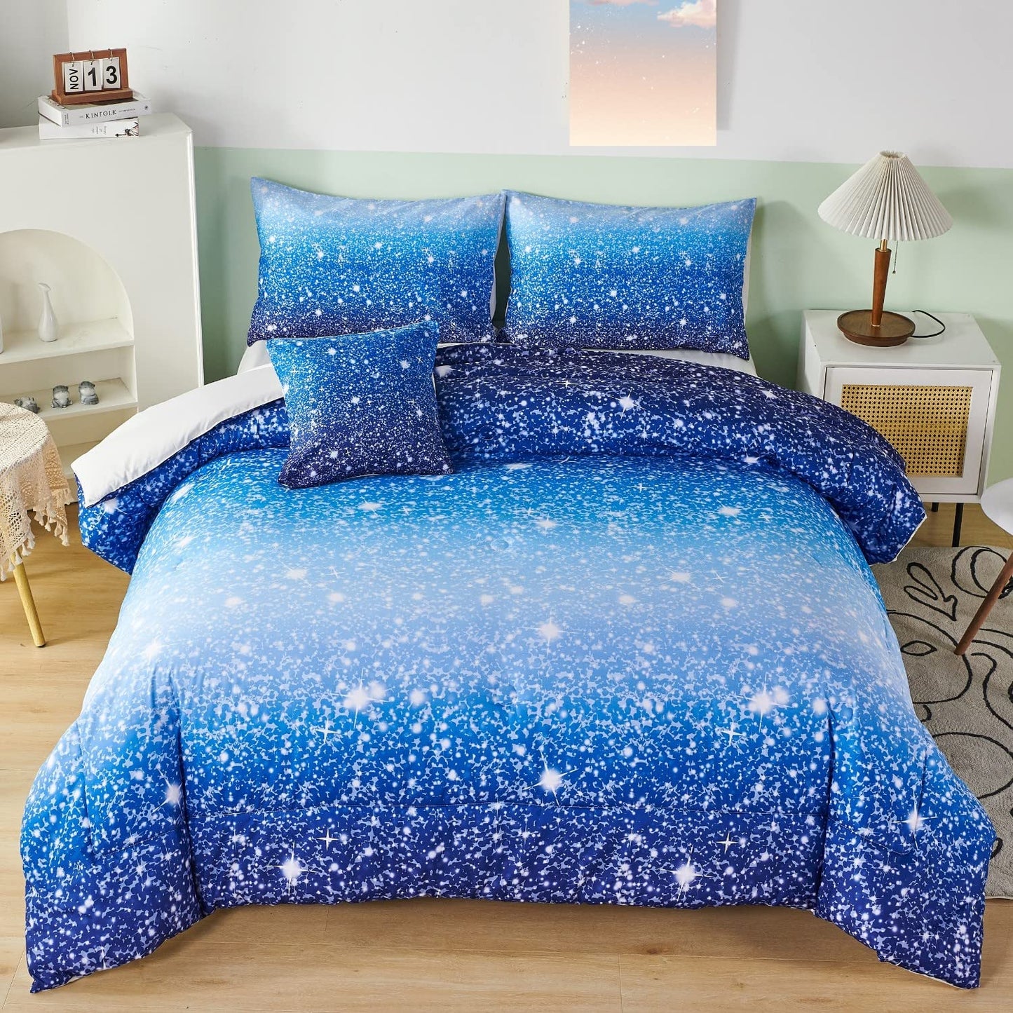 RYNGHIPY 6Pcs Gradient Aqua Blue Navy Ombre Comforter Sets with Sheets Pillowcases, Twin Size Sparkle Glitter Design Comforter Bedding Collections for Kids Boys and Girls