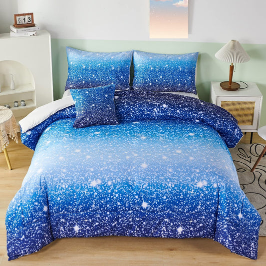 RYNGHIPY 6Pcs Gradient Aqua Blue Navy Ombre Comforter Sets with Sheets Pillowcases, Twin Size Sparkle Glitter Design Comforter Bedding Collections for Kids Boys and Girls