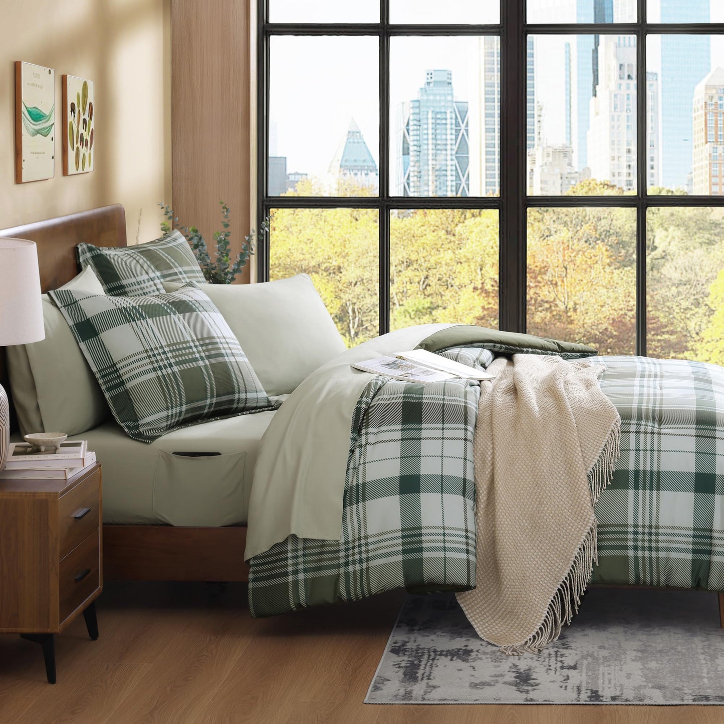 MaiRêve Plaid Queen Comforter Sets Olive Green, Classic Farmhouse Bedding Set Bed in a Bag 7 Pieces, Lightweight All Season Comforter Set with Fitted & Flat Sheet, Pillowcases & Shams