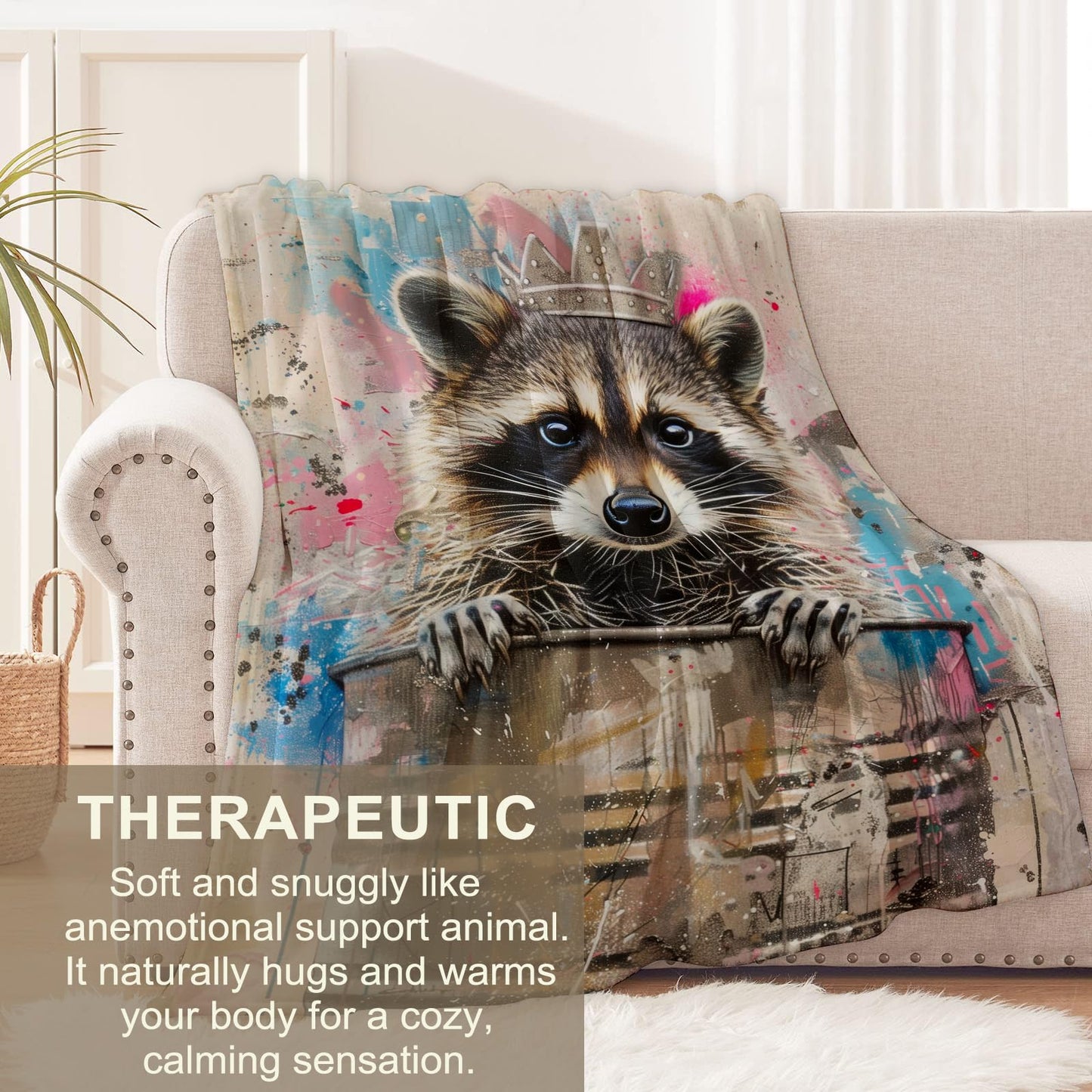cromcu Raccoon Blanket for Kids and Adults, Adorable Graffiti Wildlife Soft Lightweight Throw for Sofa, Bed, Traveling, Camping Animal Decor Gifts, Single-Sided Printing, 50x60 Inches