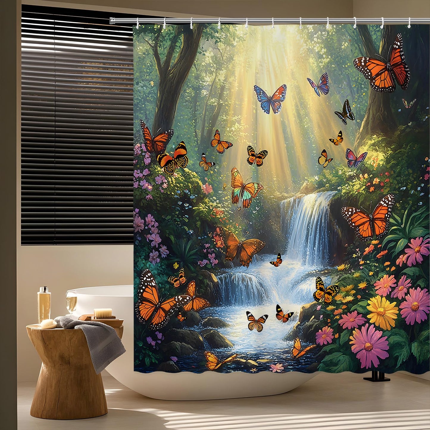 Forest Waterfall Shower Curtain Butterfly Spring Jungle Rainforest Wonderland Fantasy Tropical Fairy Tale World Flower Romantic Nature Bathroom Curtains Set Polyester Fabric with Hooks 70" W x 70" L