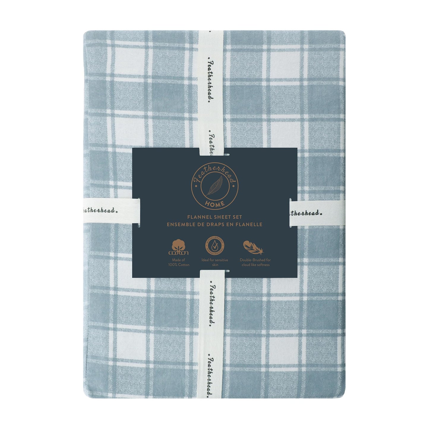 Featherhead™ 100% Cotton 4PCs Flannel Sheet Set, Full Size, Blue Plaid | Double-Brushed for Extra Softness, Warm & Breathable, Extra Deep Pockets fits Up to 17” – 1 Flat, 1 Fitted, 2 Pillowcase