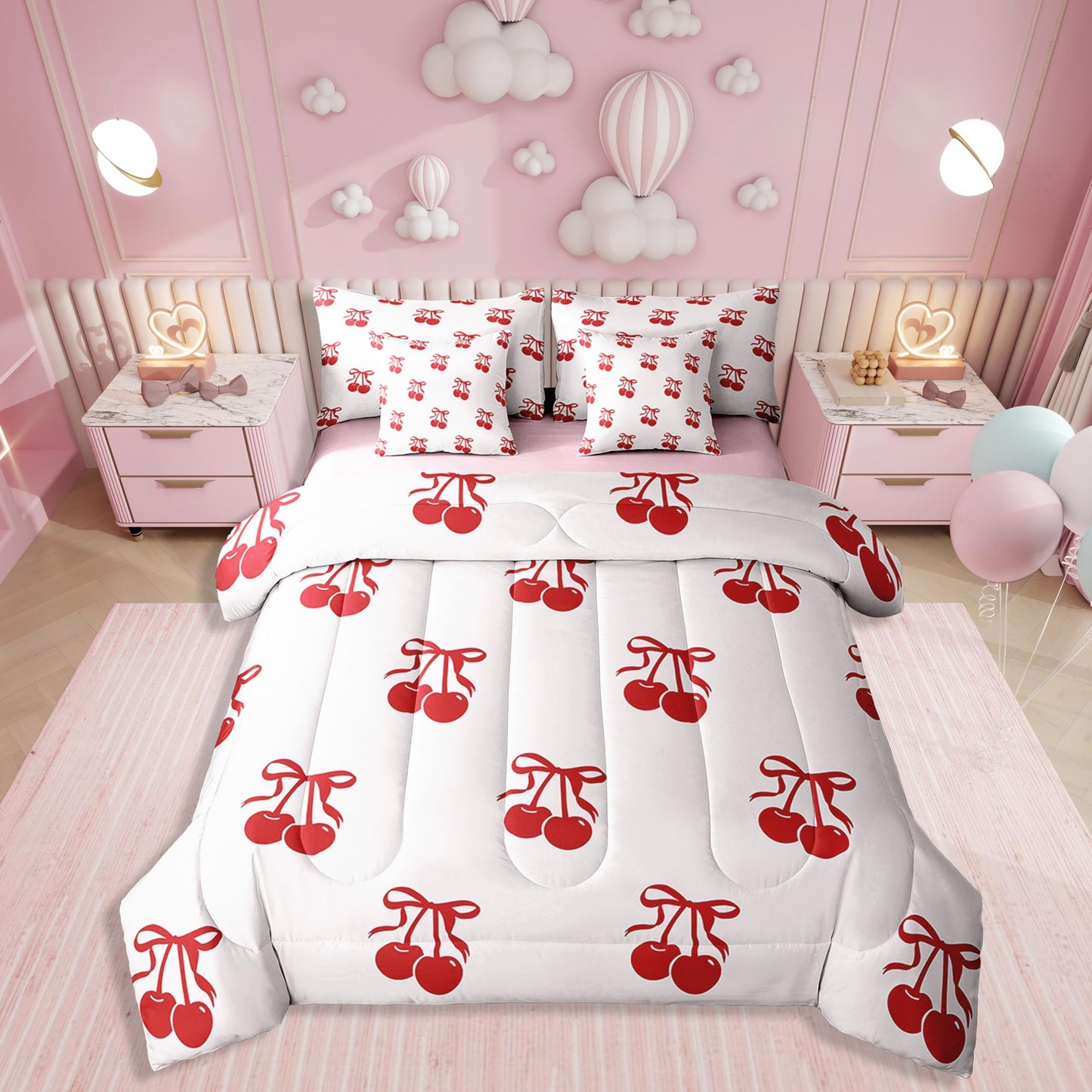 Erosebridal 7 Piece Cherry Bows Kids Comforter Set King Bed in a Bag,Dreamy Princess Style Bedding Set for Girls Women,Girly Red Cherries Bowknot Sheet Set,Cartoon Bow Tie Duvet Insert