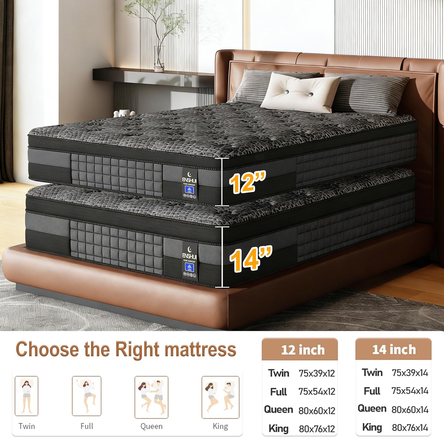 ENSHUI Twin Mattress,12 Inch Hybrid Mattress in a Box，Medium Firm Mattresses with Gel Memory Foam & Pocket Springs, Pressure Relief, Cooling,Edge Support, 365 Night Trial（Horizontal bar Side）