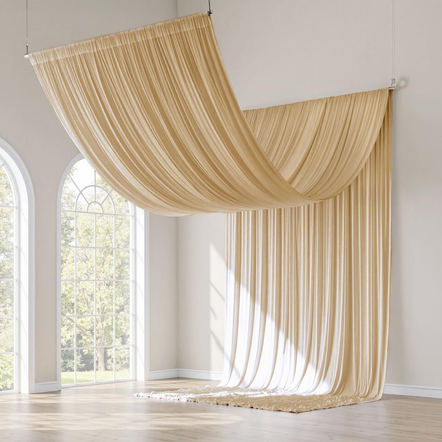 gogoparti 10x20FT Beige Ceiling Drapes for Weddings Parties - 2 Panels of 5x20FT Wrinkle Free Silk Beige Drapes for Tent Canopy, Weddings, Birthdays, Parties, Tent & Event Decoration