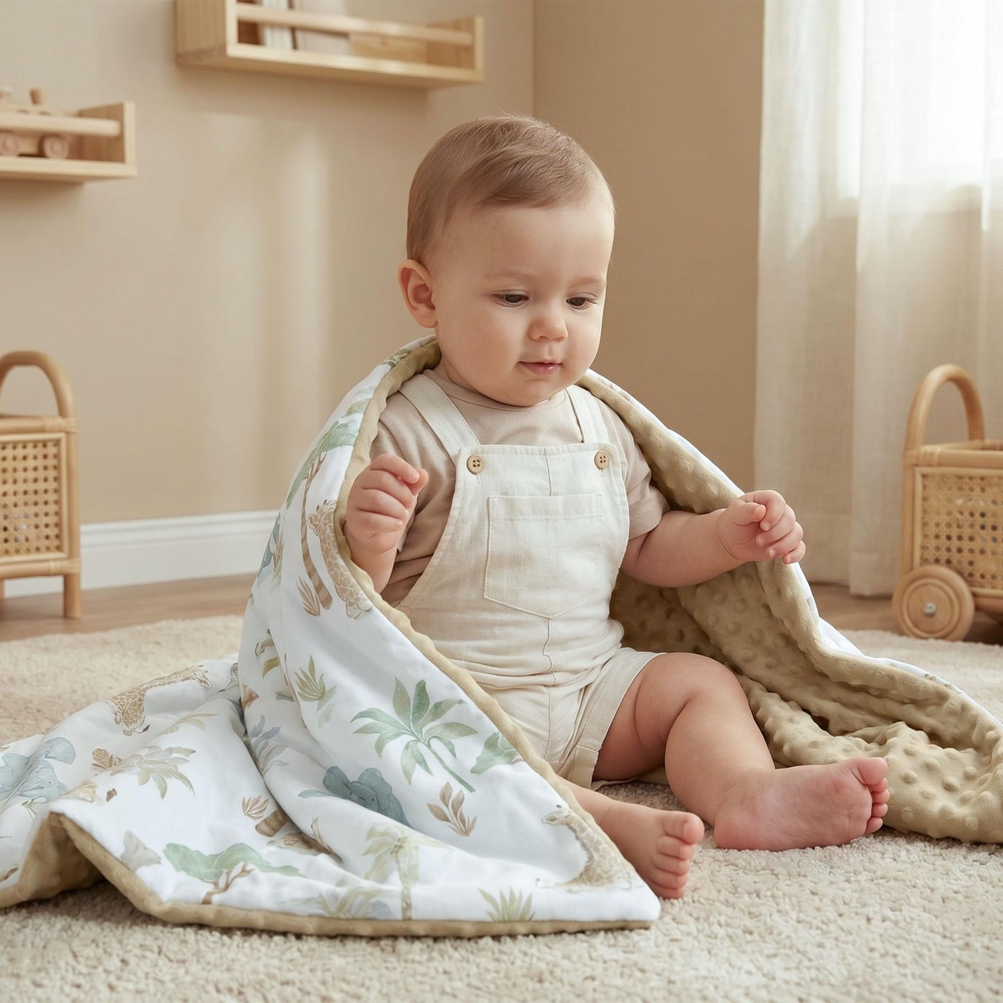 CIVARUA KIDS Baby Blankets for Boys Girls, Super Soft Nursery Minky Blanket Neutral with Print Brown Savanna Elephant and Cozy Raised Dotted Fleece Backing, 30 x 40 Inch Double Layer Bed Throws