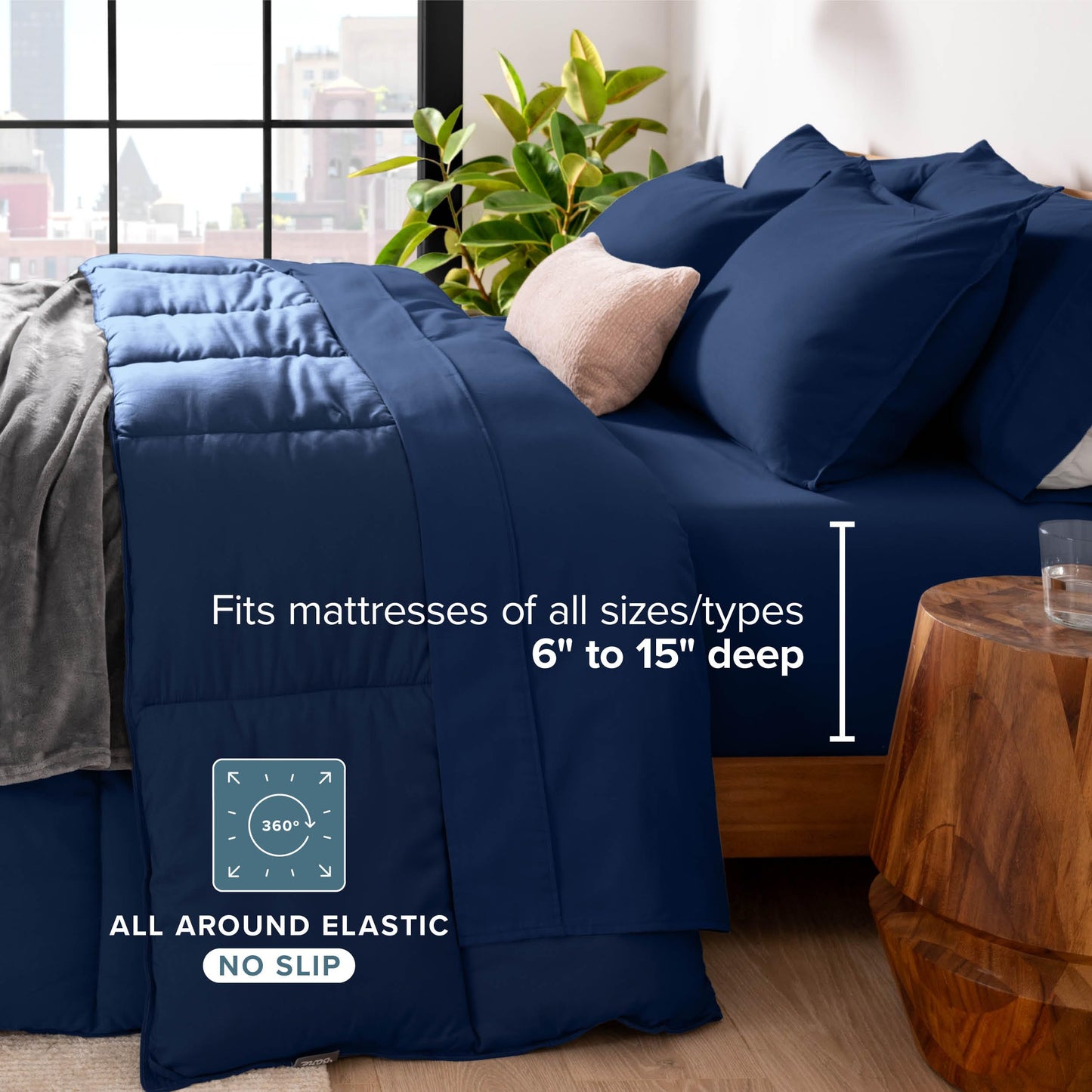 Bare Home Bed-in-A-Bag 7 Piece Comforter & Sheet Set - King - Goose Down Alternative - Ultra-Soft 1800 Premium - Bed Set (King, Dark Blue/Dark Blue)