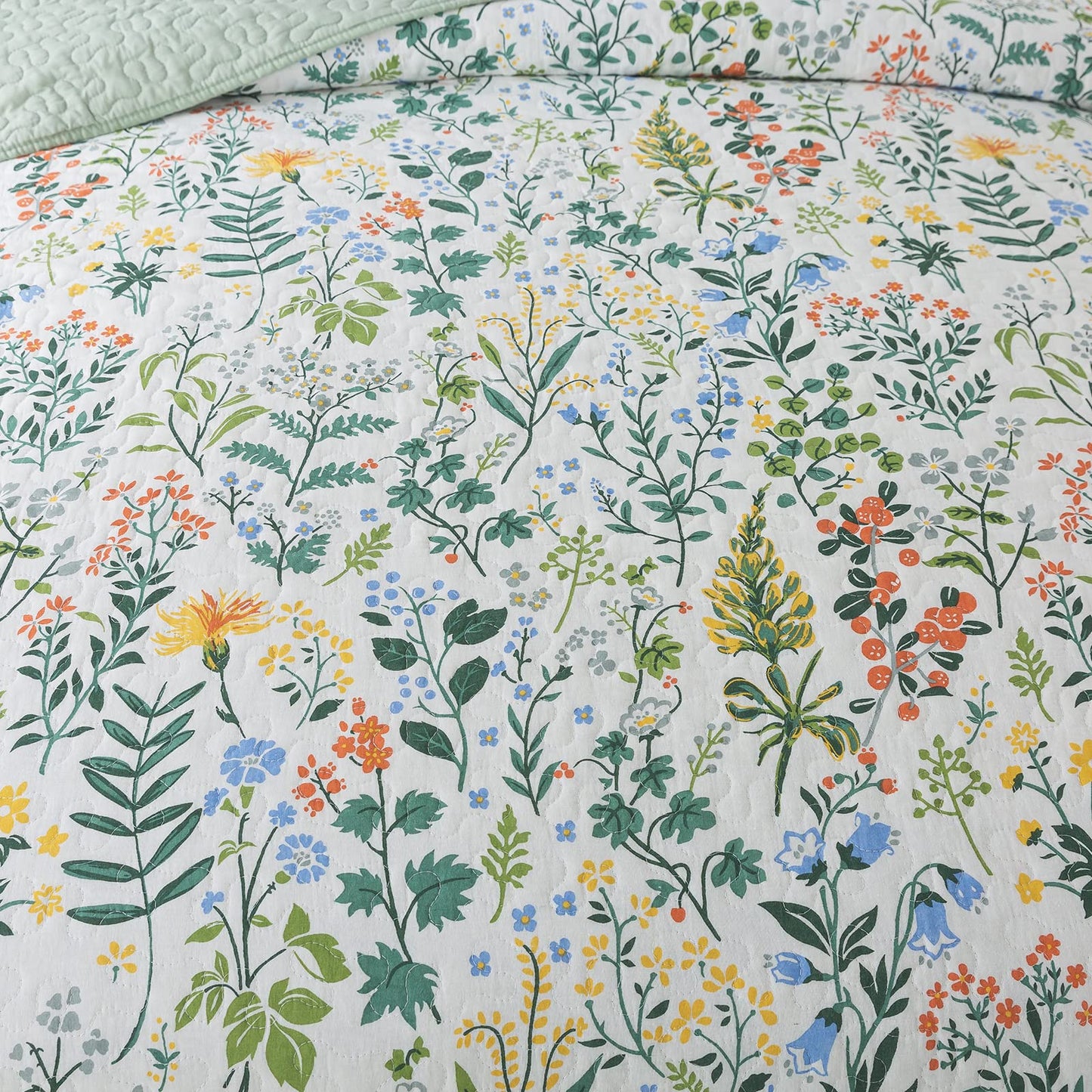 NEWLAKE Cotton Bedspread Quilt Sets-Reversible Patchwork Coverlet Set, Green Classic Floral Pattern, Queen Size