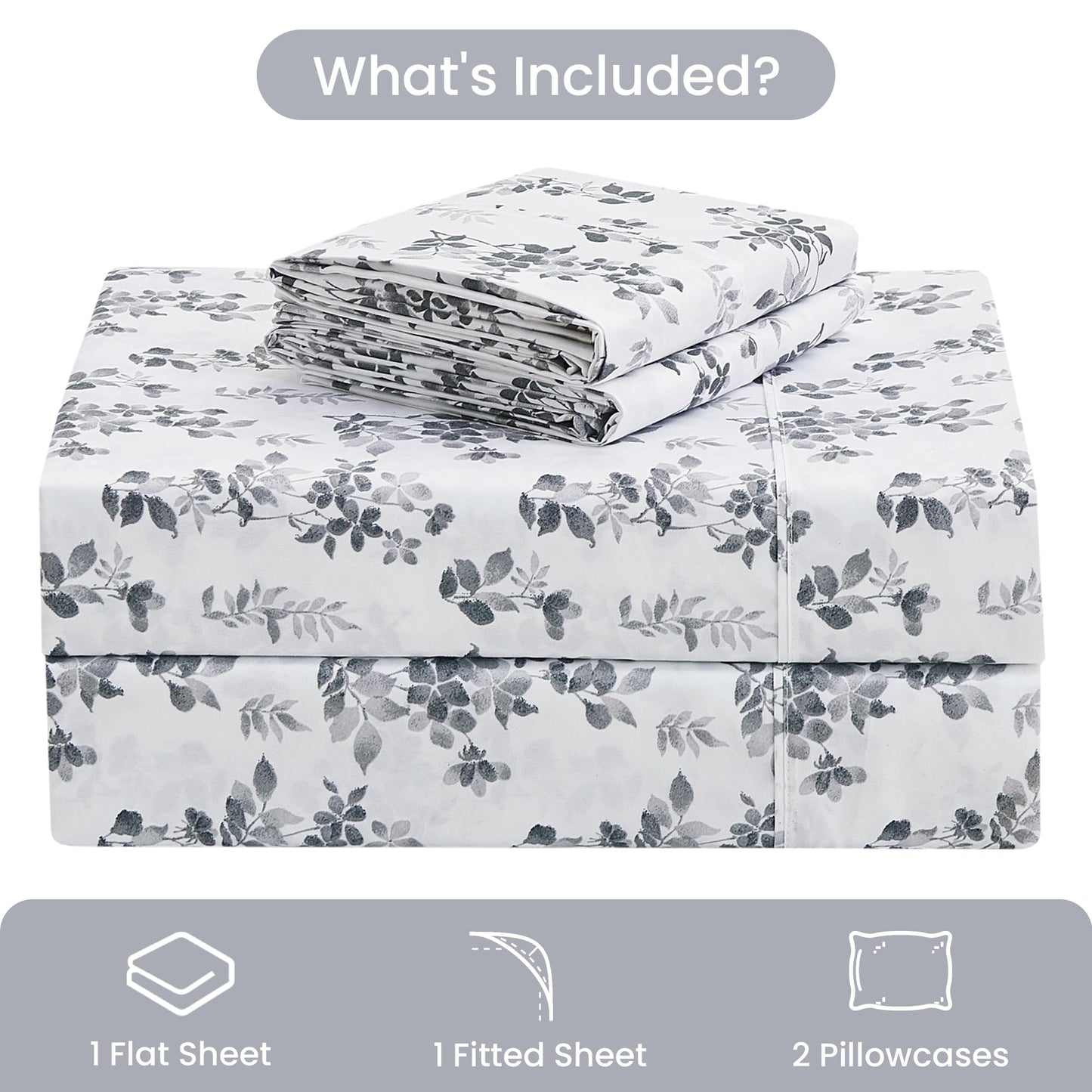 Mooreeke Cozy Vintage Microfiber Printed Twin Sheet Set - Soft Breathable Floral Bed Sheets with Deep Pocket - Non-Slip Fitted Design - Gradient Grey Small Flowers Pattern