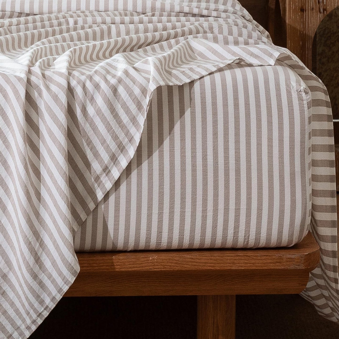 MooMee Striped Fitted Bottom Sheet Only 100% Washed Cotton Linen Like Textured Breathable Durable Soft Comfy Deep Pocket Fits Mattress up to 17" (Tannish Linen Grey White Classic Stripes, Queen)