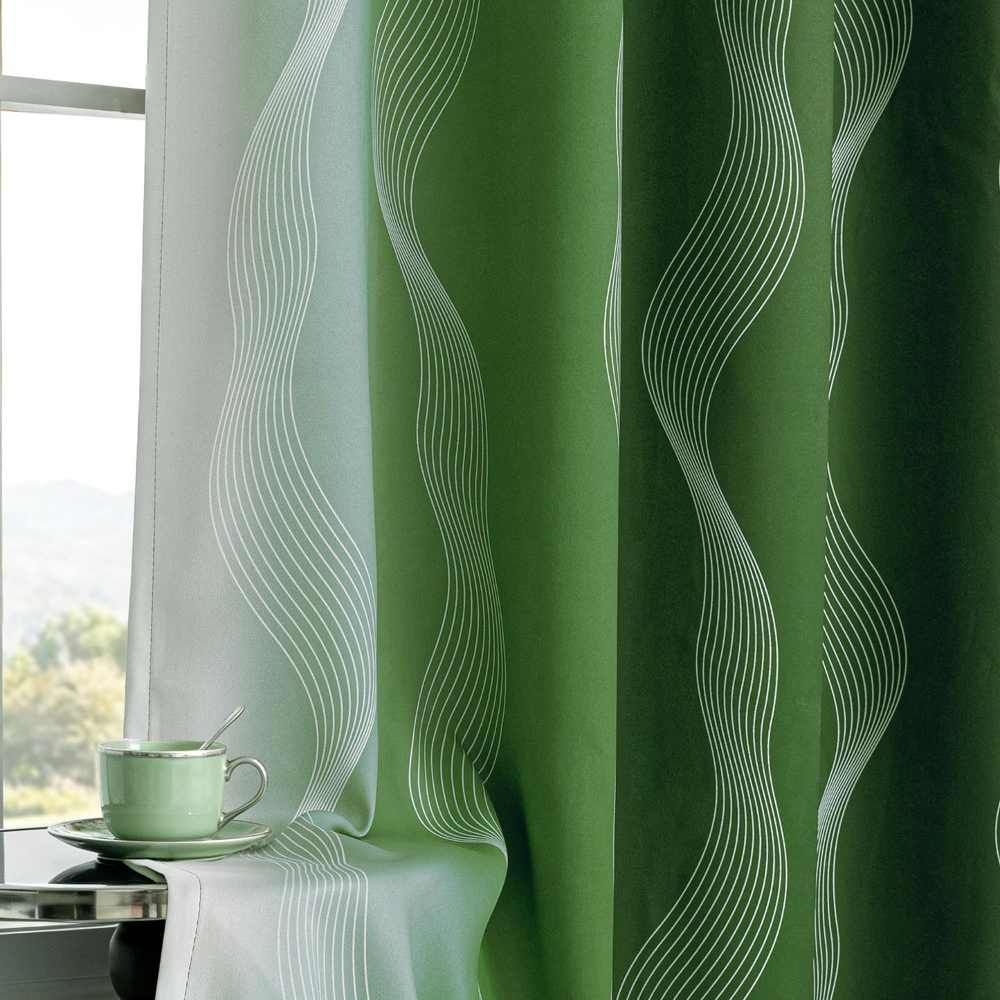 MYSKY HOME Green and Greyish White 95% Blackout Ombre Curtains 84 inch Long 2 Panels for Living Room Bedroom Geometric Patterned Black Out Thermal Insulated Wave Line Foil Grommet Drapes, 52" W