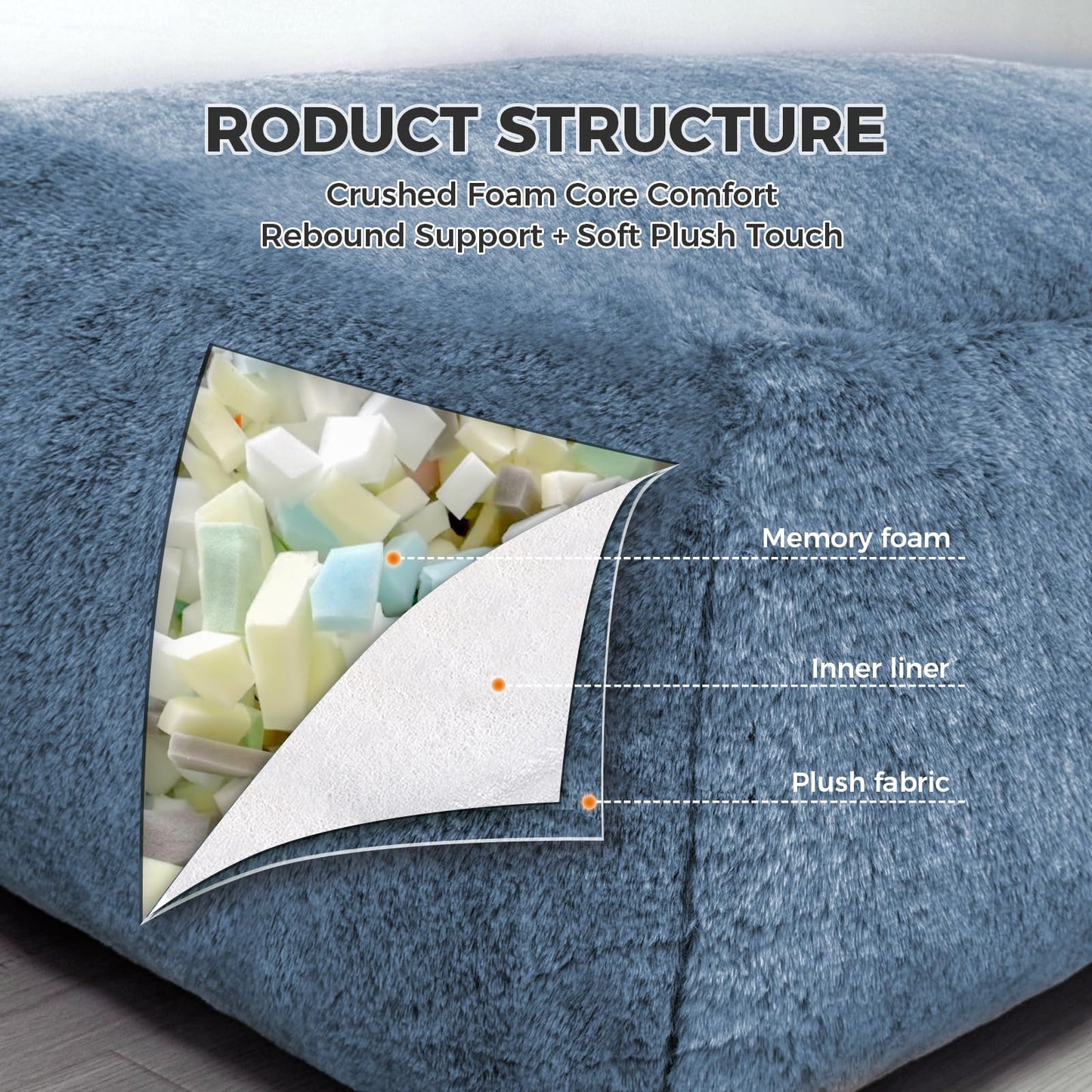 Giant Bean Bag Chair for Adults (59"x34"), Big Faux Fur Plush Bean Bag Lounger, Large Memory Foam Lounger Chair with Pockets for Living Room, Bedroom & Dorm (Bluegrey)
