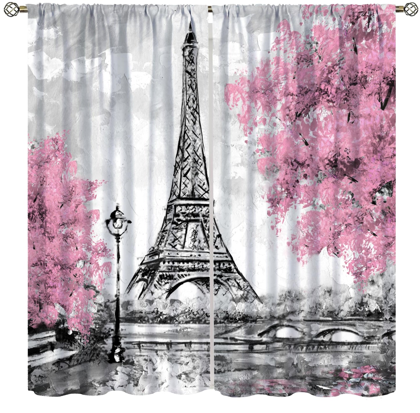 Eiffel Tower Curtains Pink Scene Romantic Decor Paris Eiffel Tower Cityscape Rod Pocket Window Treatments for Girls Women Bedroom Living Room 2 Panels 41" x 45" （No Blackout）
