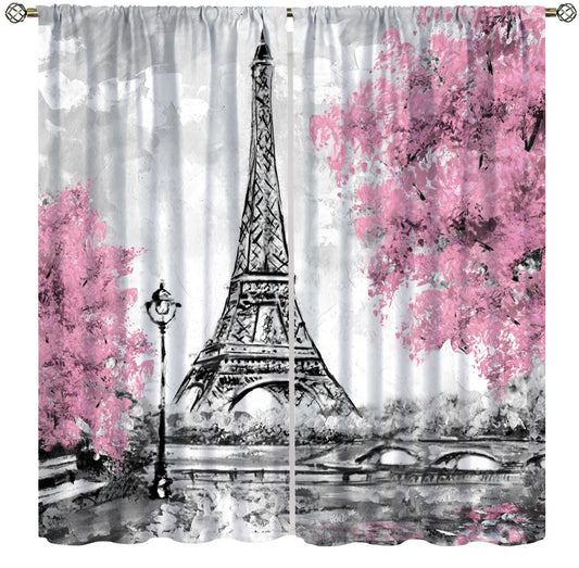 Eiffel Tower Curtains Pink Scene Romantic Decor Paris Eiffel Tower Cityscape Rod Pocket Window Treatments for Girls Women Bedroom Living Room 2 Panels 41" x 45" （No Blackout）