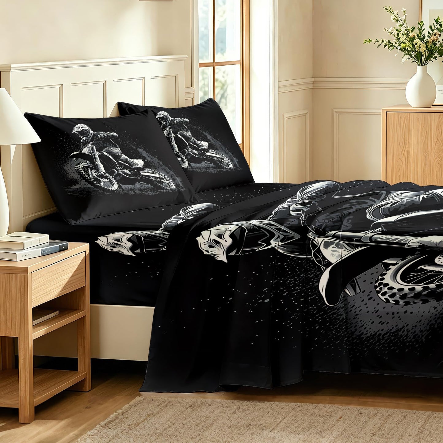 Motocross Queen Sheet Set Dirt Bike Flat Fitted Sheet Sets, Gray Black