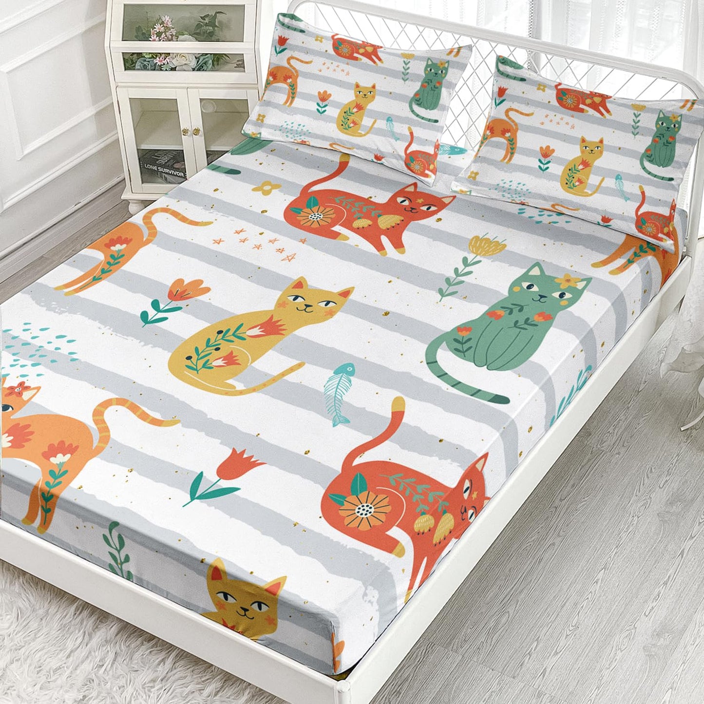 AILONEN Cat Bed Sheet Twin XL Size, Green Orange Flowers Cat Sheets 3 Pieces Set Grey White Printing Bedding Set for Kids Girls Bedroom Decor Breathable Fitted Sheet and 2 Pillowcases