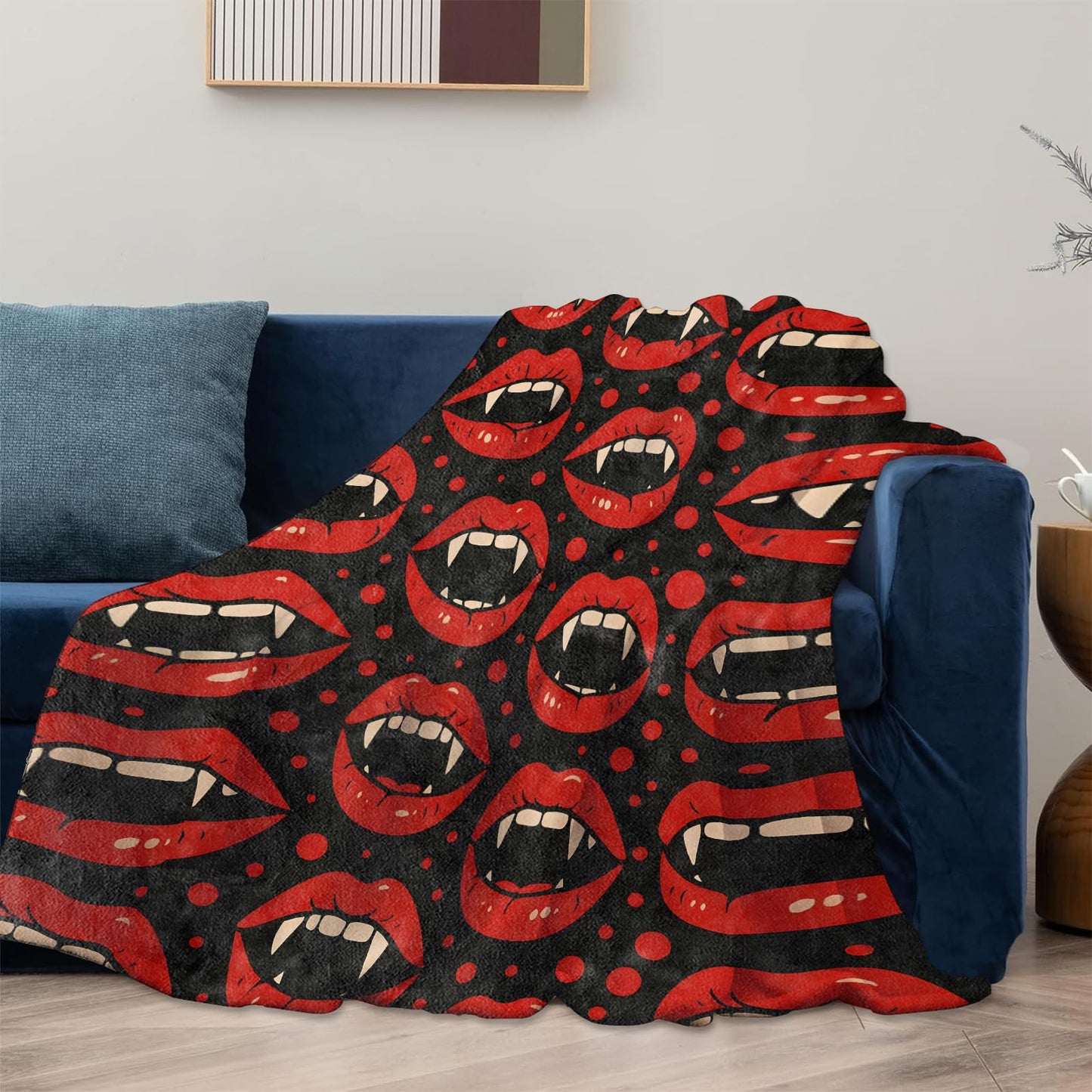 Halloween Horror Gothic Lips Blanket Gifts for Women Girls Kids, Soft Warm Lightweight Flannel Vampire Fangs Throw Blankets for Bedroom Living Room Home Sofa Home Decor 50" x 60"