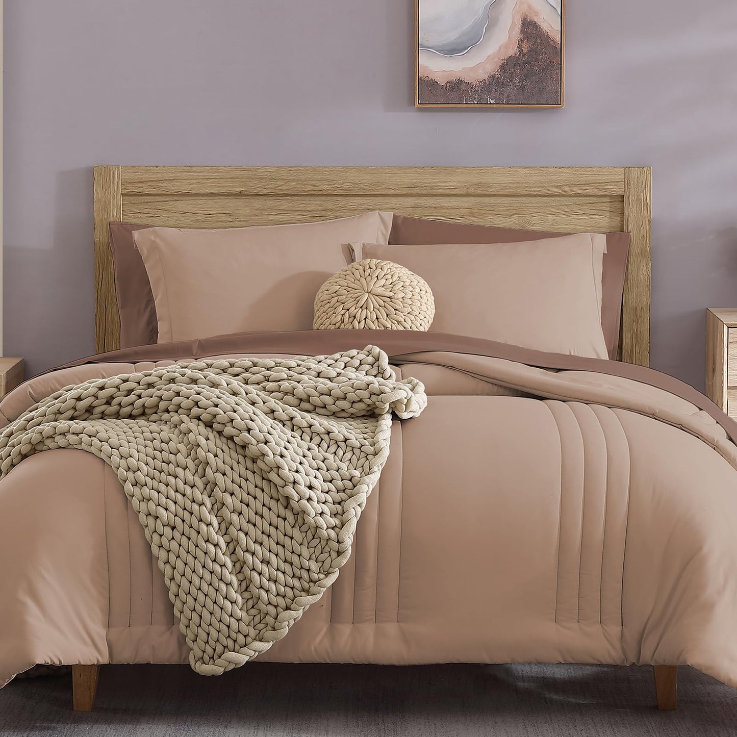 Monbix Queen Comforter Set - 7 Pieces Rust Pink Bed in a Bag Queen Bedding Sets with Comforters, All Seasons Comforter Bed Set with Sheets,Pillowcases & Shams