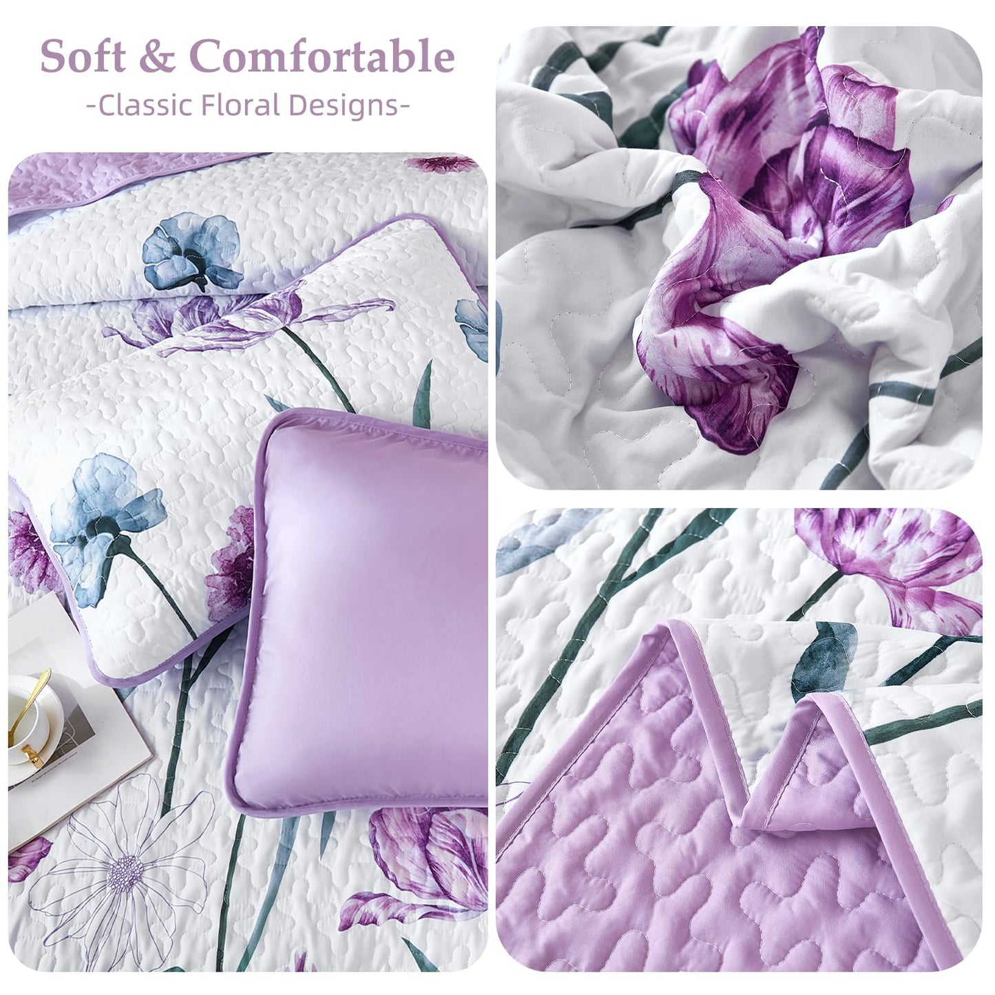 WONGS BEDDING Purple Queen Quilt Set, 3 Pieces Light Purple Floral Bedspread Coverlet Set, Lightweight Spring Farmhouse Cute Botanical Quilts Bedding Set (96"x90")