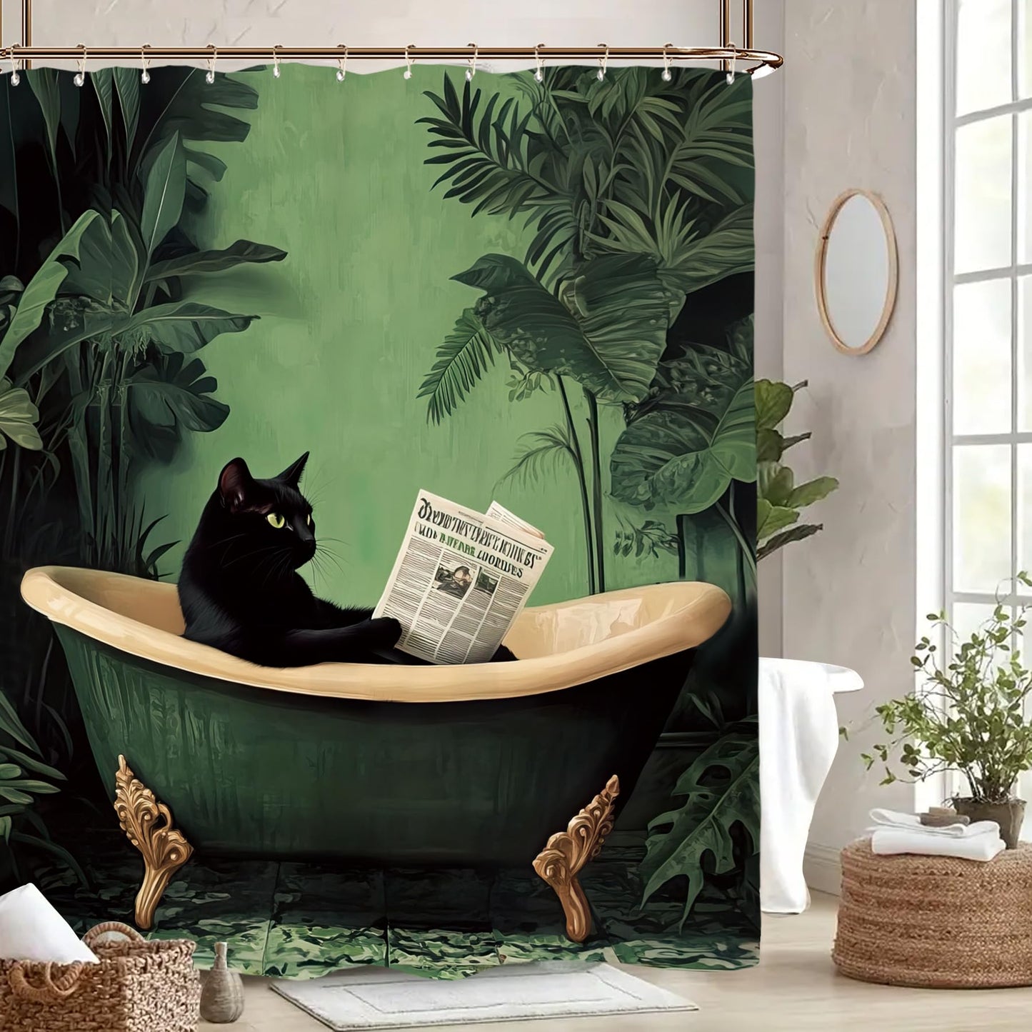 Miyotaa Funny Black Cat Shower Curtain Set 60Wx71H Inches Animal Hilarious Vintage Tropical Leaves Green Plant Polyester Waterproof Cloth Bathroom Curtain with 12 Hooks
