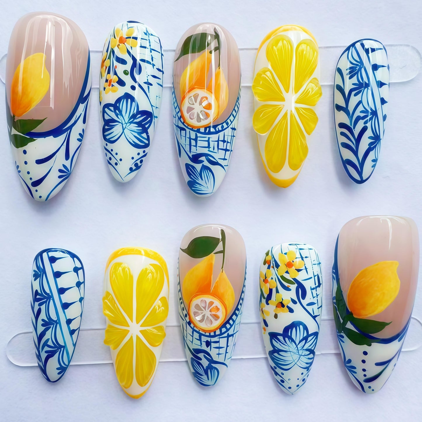 Handcrafted Press On Nails Italian Vacation Style Lemon & Blue Ceramic Pattern 100% Handmade Realistic Artistic Fake Nails With Adhesive Glue Tabs And Tool Gifts For Women (Lemon,Medium M)