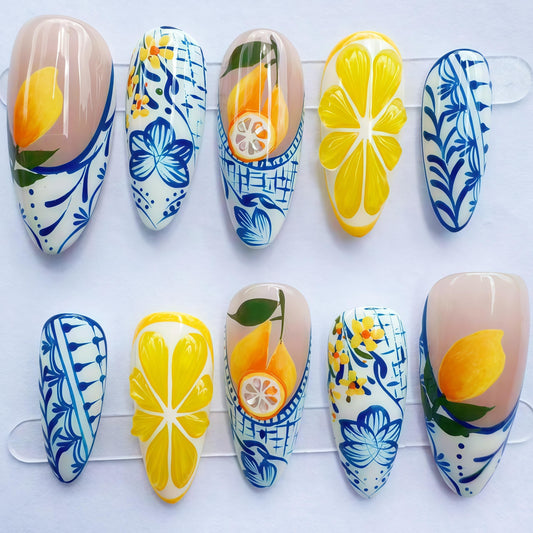 Handcrafted Press On Nails Italian Vacation Style Lemon & Blue Ceramic Pattern 100% Handmade Realistic Artistic Fake Nails With Adhesive Glue Tabs And Tool Gifts For Women (Lemon,Medium M)