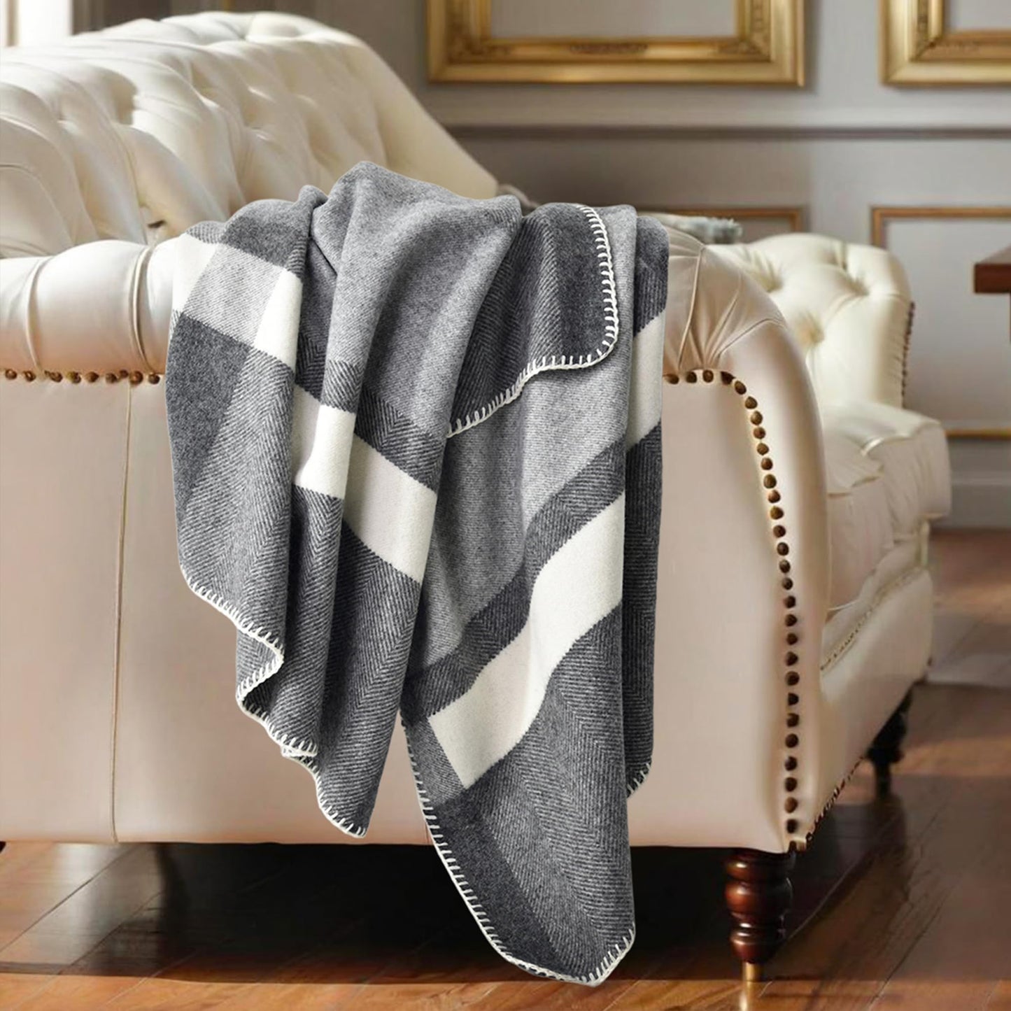 100% Wool Checkered Print Throw Blanket 71 x 47 Inches, Soft Breathable Cozy Blanket Decorative Throw Blanket for Couch Home Bedroom Reading Chair Decor, Charcoal Grey White