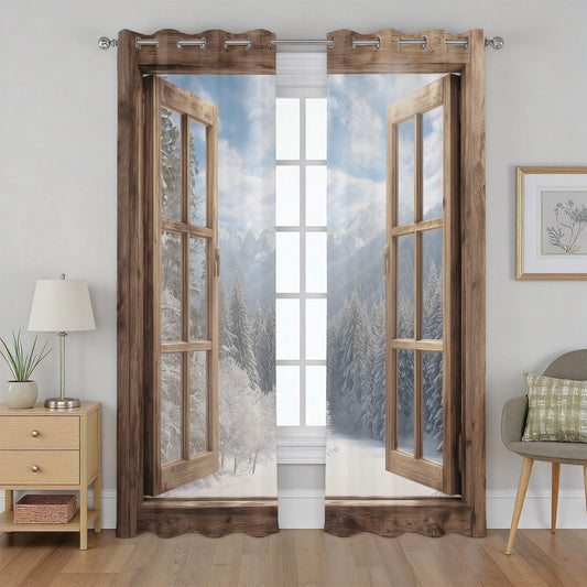 Rufxnn Faux Wooden Window Curtains For Living Room, Forest Snow Scene Drapes 84 Inch Length 2 Panels Set, 3d Nature Landscape Curtains Blackout Grommet Thermal Insulated Drapes For Bedroom Office Dorm