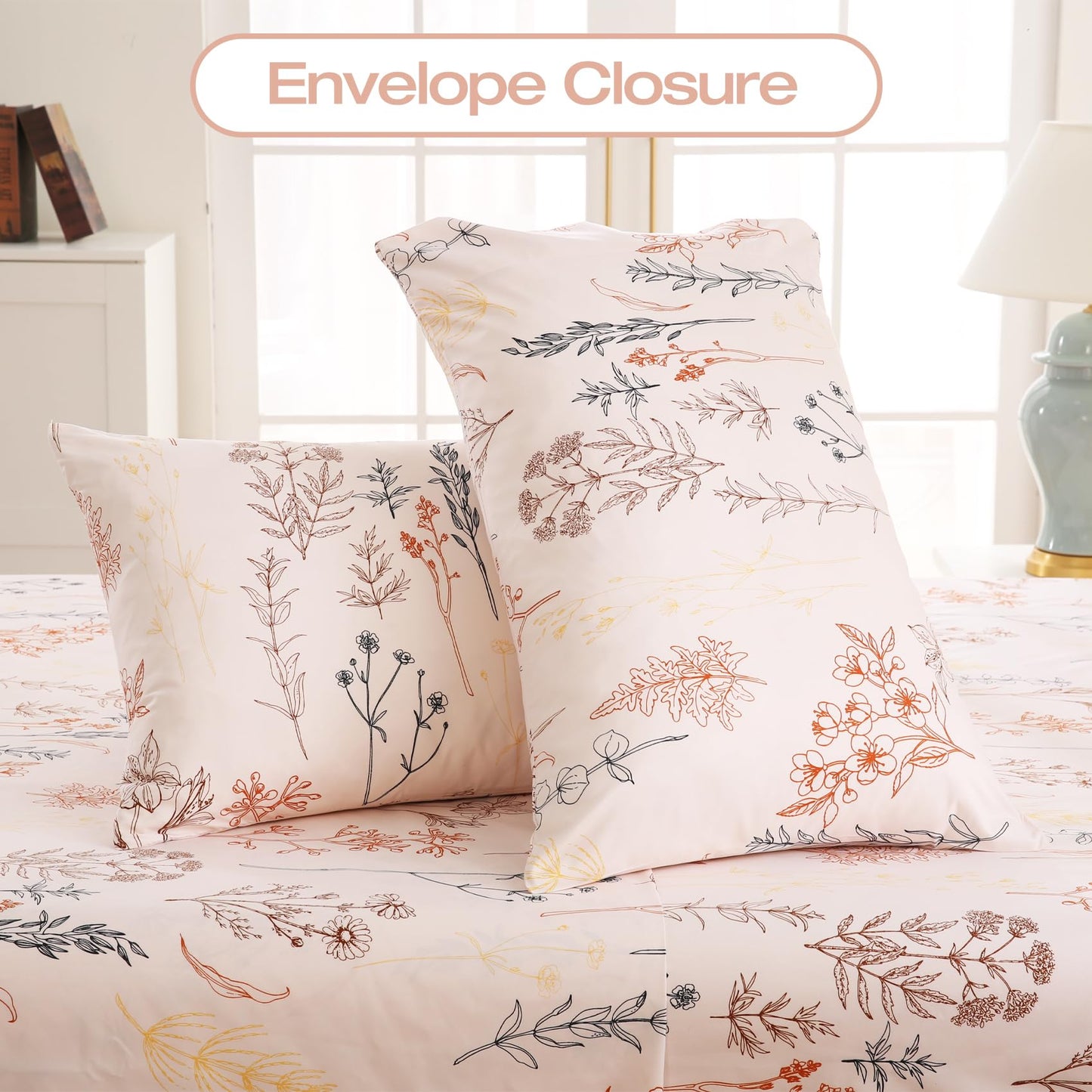 Yibeizi Floral Sheet Set King, Boho Botanical Rustic Pattern Bed Sheets Beige Fall Bedding Sheets & Pillowcases Soft Microfiber 15" Extra Deep Pocket Fitted Bedsheet 4 Piece